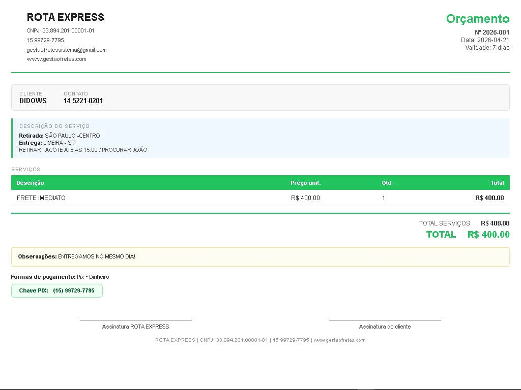 Orçamento profissional em PDF para transportadoras - Sistema GestaoFretes com logo, PIX e assinatura