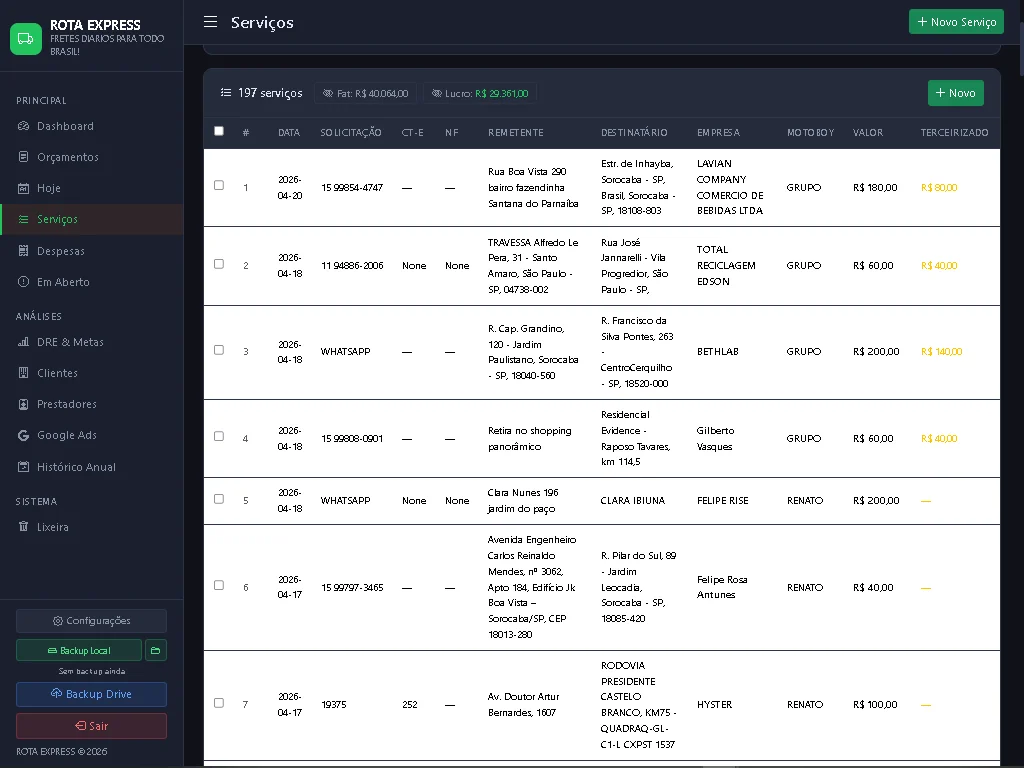 Tela de controle de serviços e fretes - Sistema GestaoFretes para transportadoras